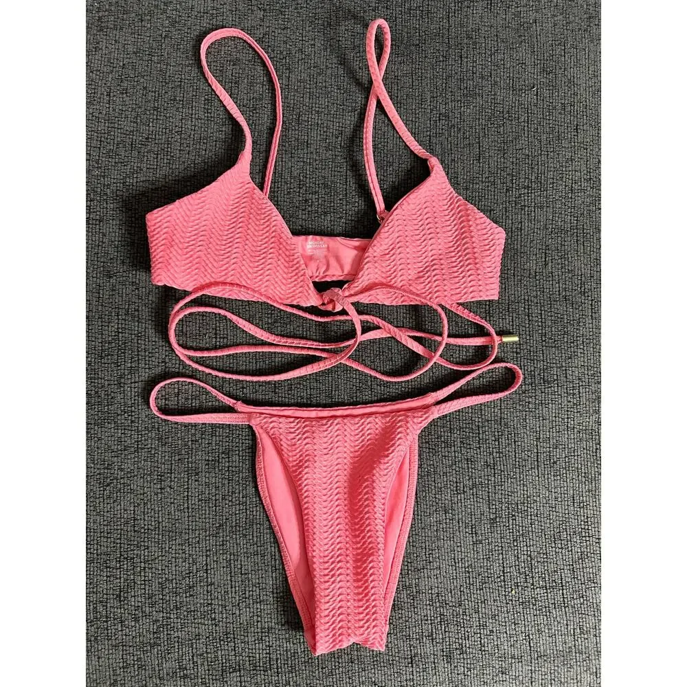Monday Swimwear St.martin Bikini Top Bottom Set Textured in Azalea Pink size P/S